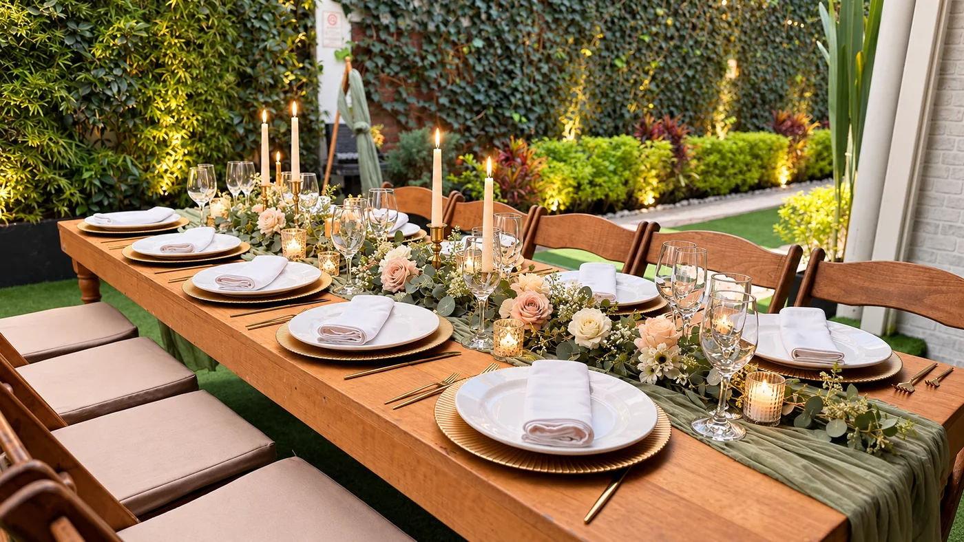 Mesa de banquete al aire libre con velas encendidas, bajoplatos dorados y rosas en tonos rosa palo y crema